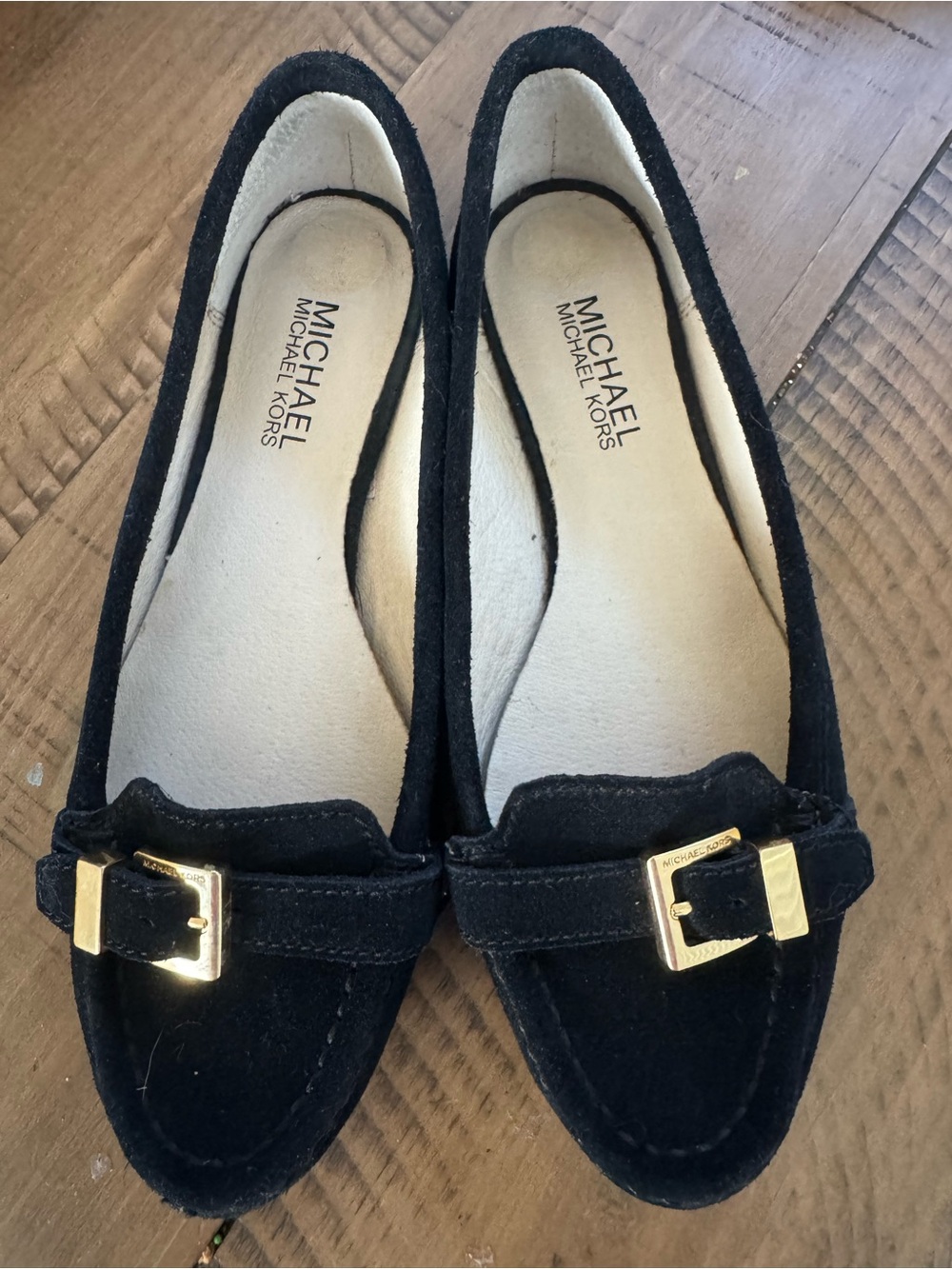 Michael Kors Black Suede Loafers with Gold Buckle